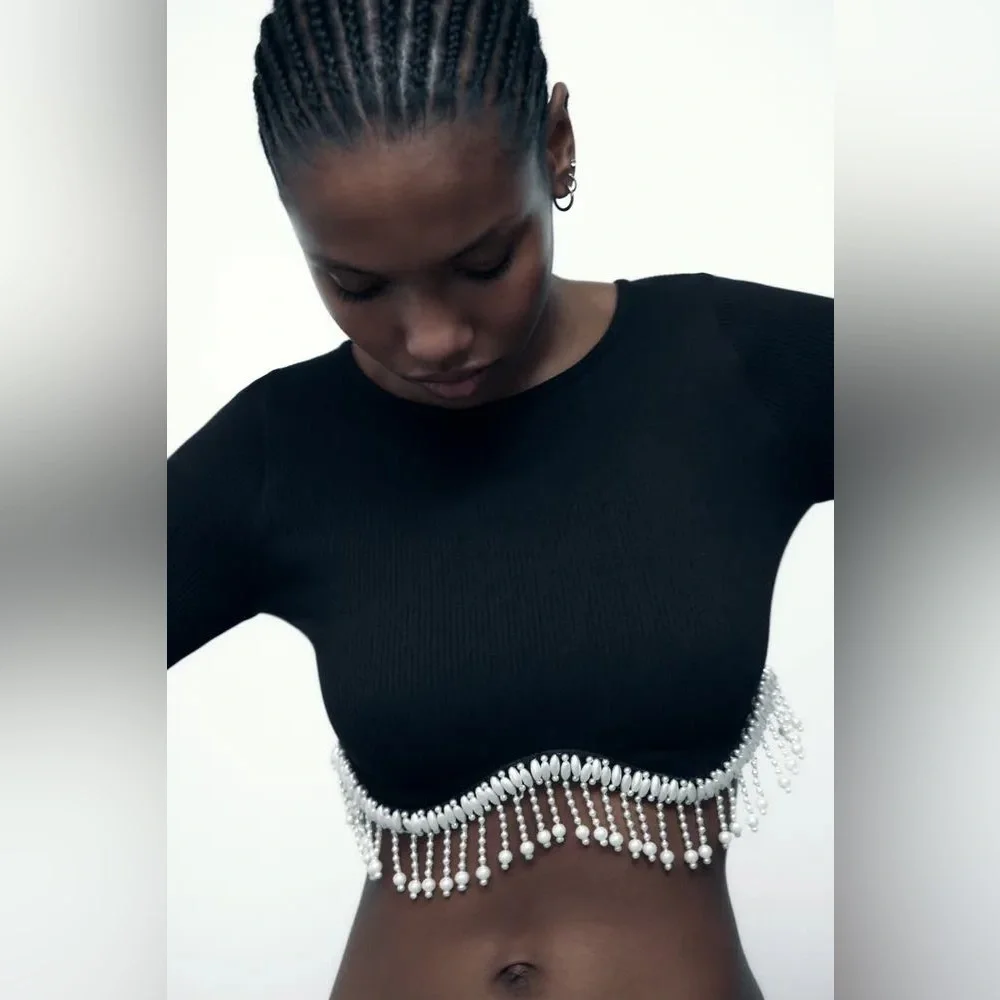 Zara Jewel Detail Crop Top in black with a rhinestone fringe appliqué NWT